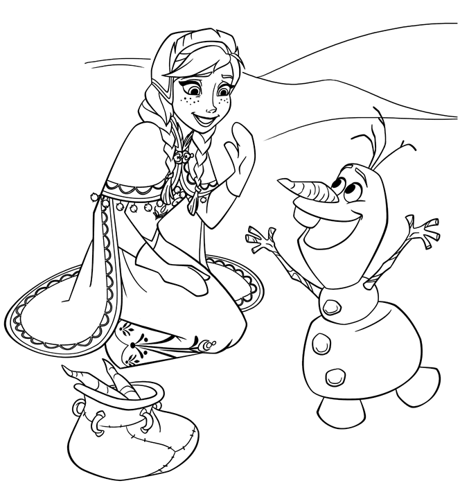Coloriage Reine des Neiges à imprimer - Anna est amusée par Olaf