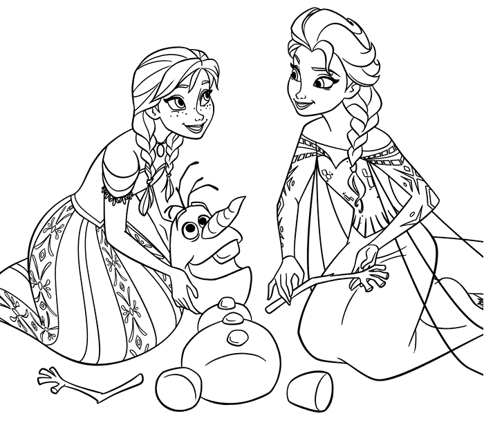 Coloriage Reine des Neiges à imprimer - Elsa remet le bras d'Olaf en place, avec l'aide d'Anna