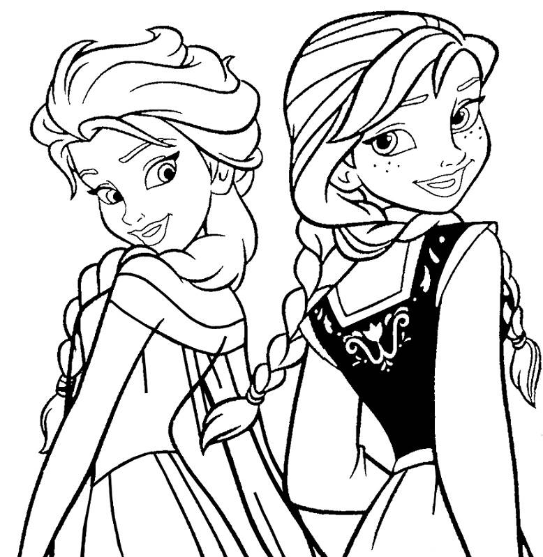 Coloriage à imprimer gratuit reine des neiges - Anna et Elsa en robes de princesses