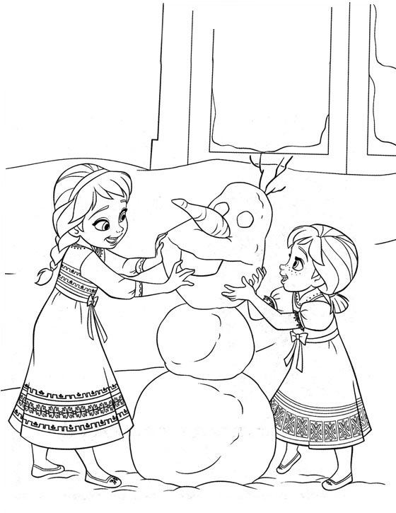 Coloriage à imprimer gratuit Reine des Neiges - Elsa et Anna enfants faisant un bonhomme de neige