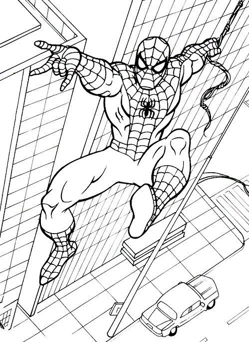 Coloriage Spiderman qui vole entre les immeubles