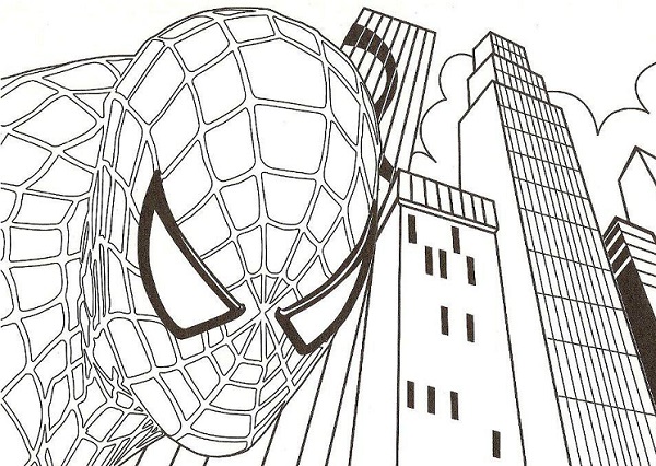 Spiderman coloriage à imprimer avec la ville en fond