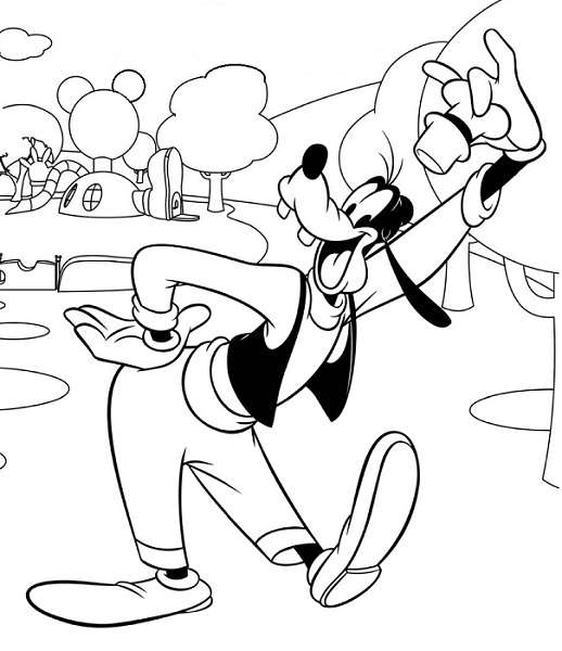 Coloriage maison de Mickey à imprimer, en ligne et gratuit - Dingo devant la maison de Mickey