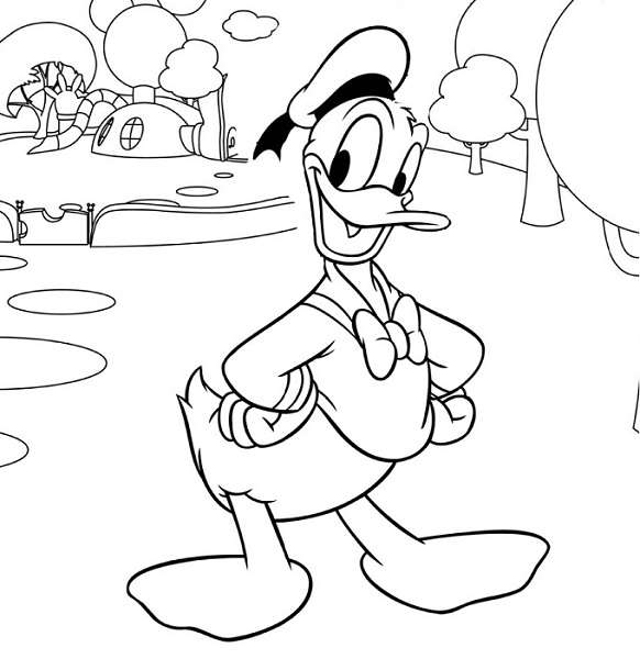 Coloriage maison de Mickey à imprimer, en ligne et gratuit - Donald devant la maison de Mickey