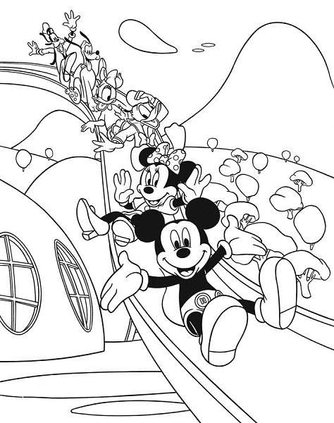 Coloriage maison de Mickey à imprimer, en ligne et gratuit - Mickey et tous ses amis sur le toboggan de la maison de Mickey