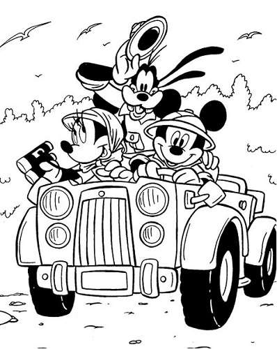 Coloriage Mickey à imprimer - Mickey, Minnie et Dingo en voiture