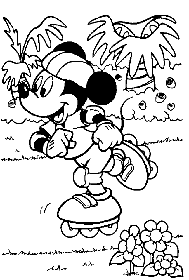 Coloriage Mickey à imprimer - Mickey fait du roller - patins à roulettes