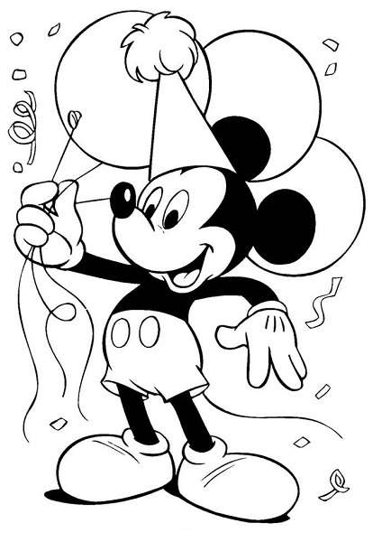 Coloriage Mickey à imprimer - Mickey anniversaire (ballons, fête)