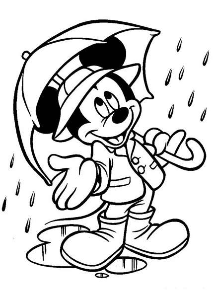 Coloriage Mickey à imprimer - Mickey sous la pluie, mais toujours content ;)