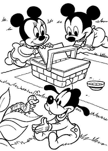 Coloriage Mickey bébé à imprimer, en ligne et gratuit - Mickey bébé, avec Minnie bébé et Dingo bébé qui font un pique-nique
