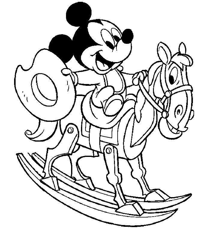 Coloriage Mickey bébé à imprimer, en ligne et gratuit - Mickey bébé sur un cheval en bois à bascule
