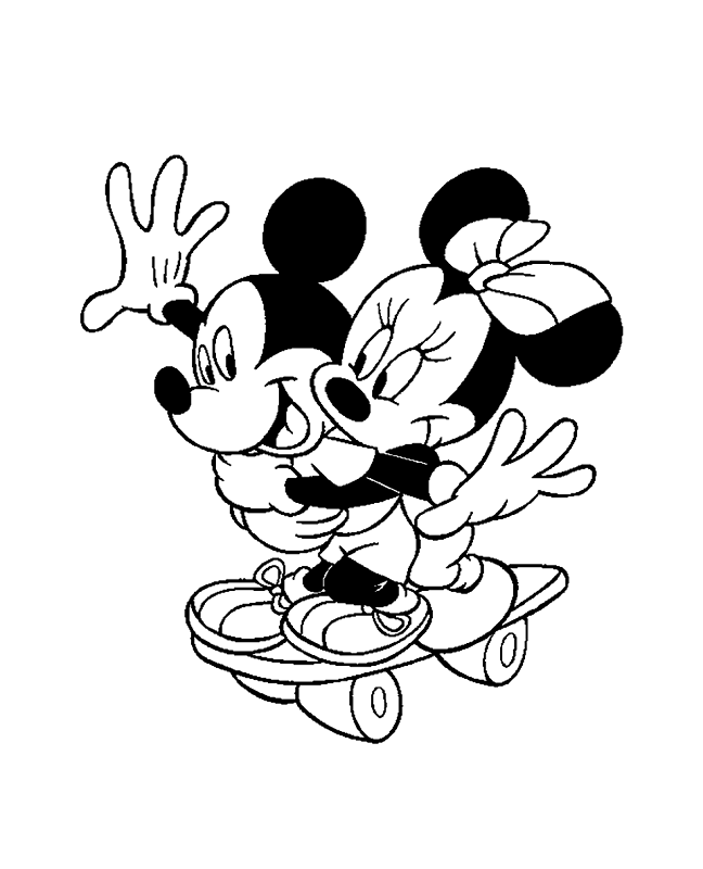 Coloriage Mickey et Minnie - Minnie et Mickey font du skate-board