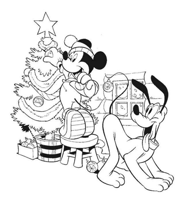 Coloriage Mickey noël à imprimer, en ligne et gratuit - Mickey et Pluto décorent le sapin de noël