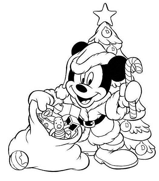 Coloriage Mickey noël à imprimer, en ligne et gratuit - Mickey père noël avec son sapin et ses cadeaux de noël
