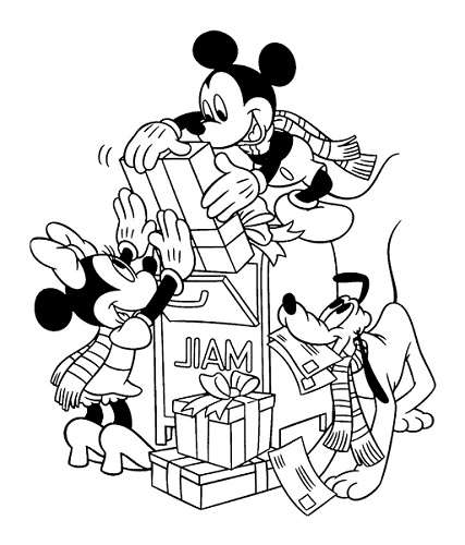 Coloriage Mickey noël à imprimer, en ligne et gratuit - Minnie Mickey et Pluto postent leurs cadeaux de noël