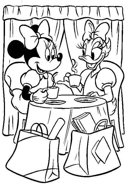 Coloriage Minnie et dessin Minnie à imprimer - Minnie et Daisy prennent le thé après le shopping