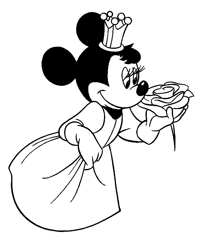 Coloriage Minnie et dessin Minnie à imprimer - Minnie princesse qui sent une rose
