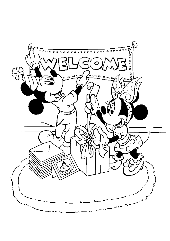 Coloriage Minnie et dessin Minnie à imprimer - Minnie et Mickey préparent un anniversaire