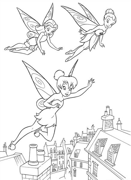 Coloriage et dessin de la fée Clochette - Coloriage de Clochette, Iridessa et Rosélia, en train de voler