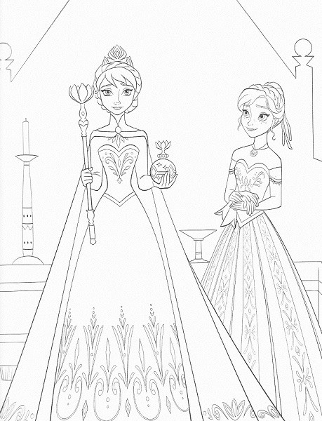 coloriage de la reine des neiges - Elsa avec son sceptre, et Anna