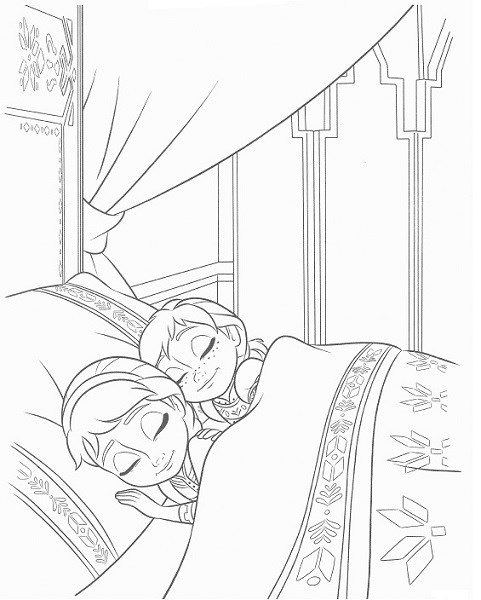 coloriage frozen - Anna et Elsa enfants dorment tranquillement