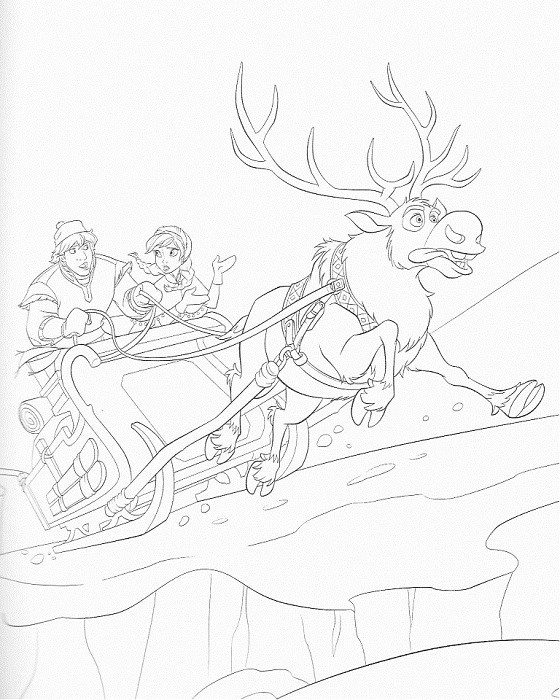 coloriage à imprimer reine des neiges - Anna Kristof et Sven en traineau