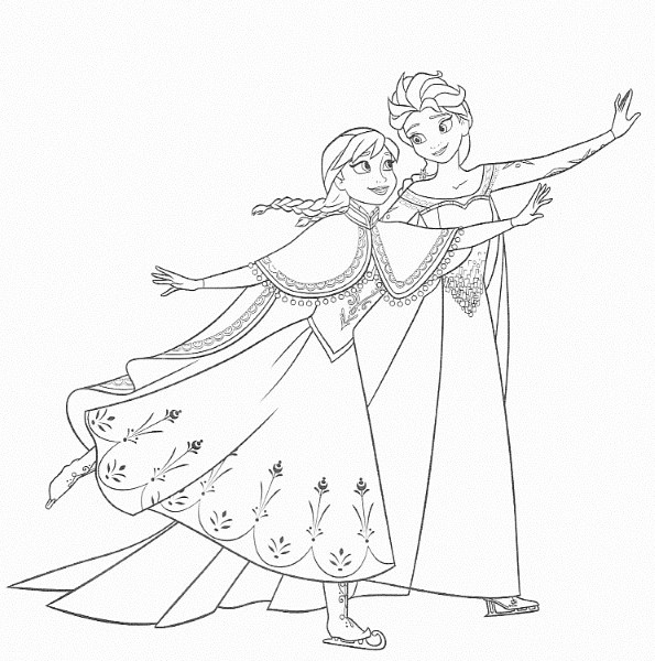 dessin à imprimer reine des neiges - Coloriage d'Elsa et Anna qui font du patin à glace