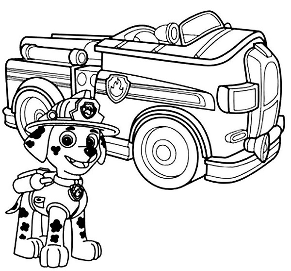 Coloriage et dessin Pat Patrouille - Coloriage de Marcus et son véhicule camion de pompier