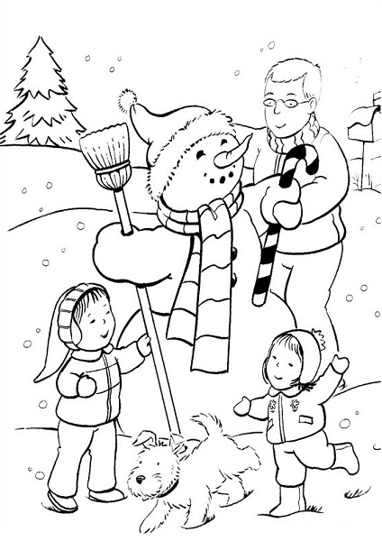 Coloriage noël à imprimer - Faire le bonhomme de neige en famille