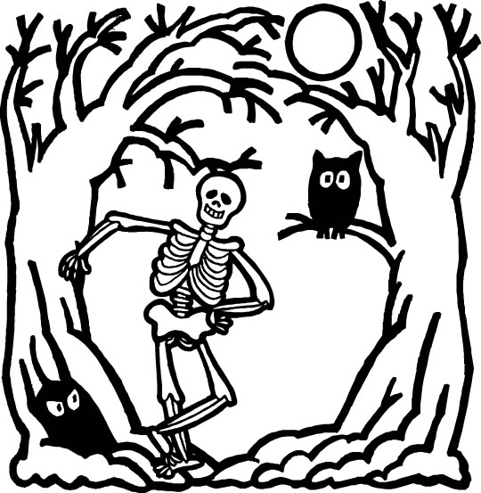 Coloriages Halloween - Squelette en forêt